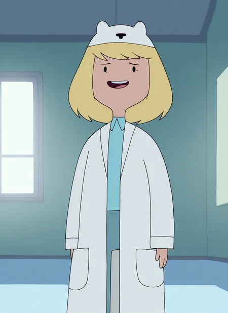 artist:, masterpiece, best quality, newest, very awa, absurdres, highres, advt, 1girl, mnrv, smug, open mouth, hat, dot eyes, blonde hair, short hair, white lab coat, looking at viewer, daytime, indoors, lab, detailed, <lora:SDXL\Illustrous\Adventure_Time_style_and_characters:1.0>