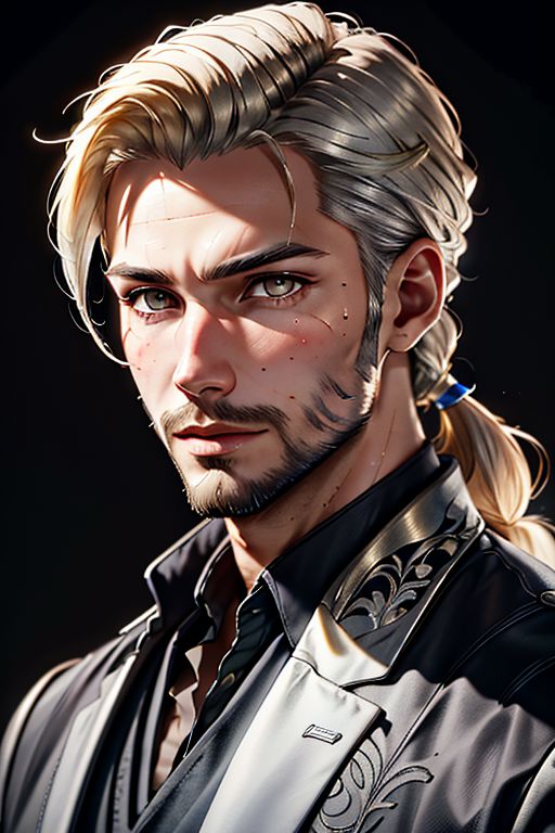 Master piece, highest quality, highest possible OverallDetail, semirealistic,  silver eyes,
Create an elder of a cultivator sect. 
The character looks like he is in his early twenties.
He has a blond ponytail and has a long blond-golden beard. 
His eyes are siilver eyes. Detailed face.