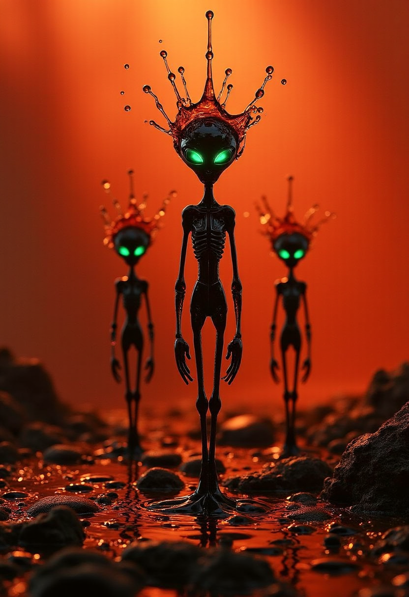 In the shape and style of a yfg-dr0p water drop splash photo of a , Surrealist digital illustration with striking, dark textures highlighting spindly black alien figures with luminescent green eyes standing in a molten red terrain, shadows and drips blending into a fiery red sky which conveys a feeling of intense, unsettling heat.