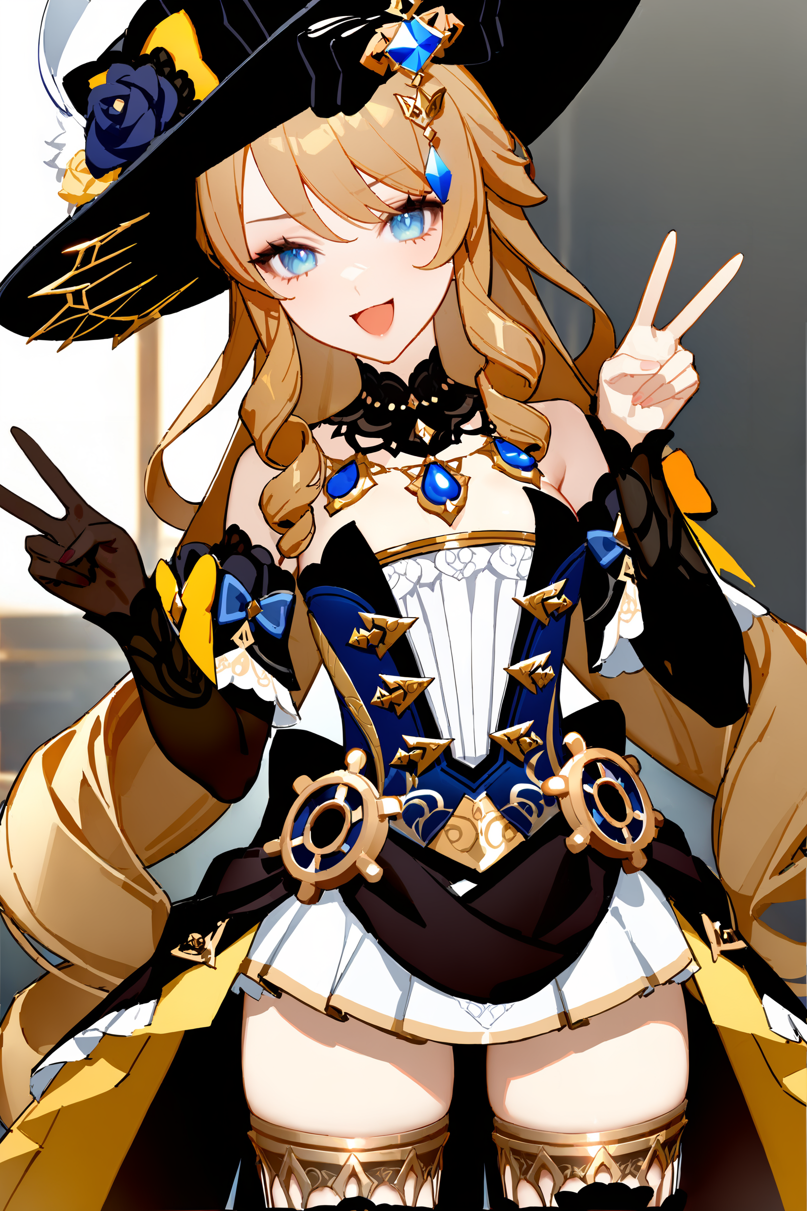 masterpiece, best quality, very aesthetic, ray tracing, newest, (hitenkei, askzy:0.4), 1girl, navia \(genshin impact\), solo, fancy hat, thigh boots, detached sleeves, single glove, strapless dress, detached collar, showgirl skirt, necklace, waist cape, cowboy shot, standing, smug, open mouth, looking at viewer, double v, bedroom, indoors, depth of field <lora:EnvyBetterHiresFixXL01:0:hr=1>,  <lora:Char-Genshin-Navia-XL-V1:0.8>