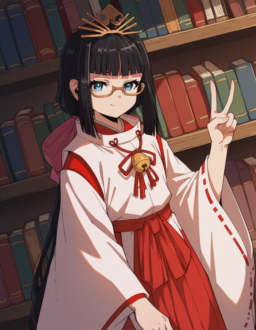 score_9, score_8_up, score_7_up, source_anime, <lora:nigewaka-shizuku-s1-ponyxl-lora-nochekaiser:1>, shizuku, long hair, bangs, blue eyes, black hair, blunt bangs,, japanese clothes, bell, miko, skirt, long sleeves, ribbon, wide sleeves, red ribbon, ribbon trim, hakama, hakama skirt, jingle bell, ribbon-trimmed sleeves, miko, red hakama,, library, reading books, glasses, quiet, focused, shelves of books, , looking at viewer, v, v over mouth, smug,, solo,, cowboy shot, dutch angle