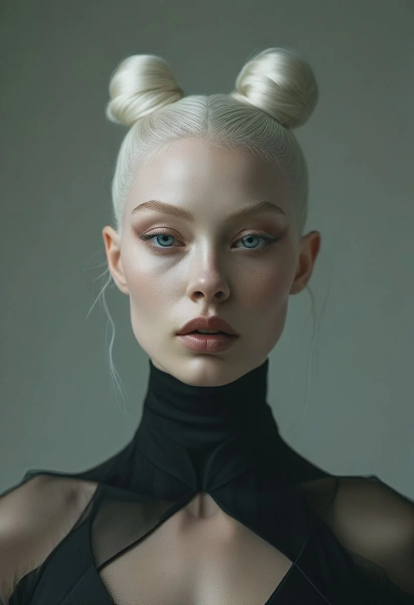 symmetrical front view, close up shot, dark photo, a evocative medium shot of a beautiful albino woman, beautiful makeup, ballet dancer bun hairstyle, futuristic black fit clothes