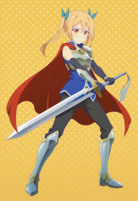 anime screencap, anime coloring, <lora:DX888Akane:1> schwein, orange eyes, blonde hair, long hair, twintails, BREAK hair ribbon, red cape, armor, breastplate, shoulder armor, blue shirt, elbow gloves, black pants, armored boots, BREAK simple background, yellow background,  polka dot background, BREAK     holding sword, fighting stance,