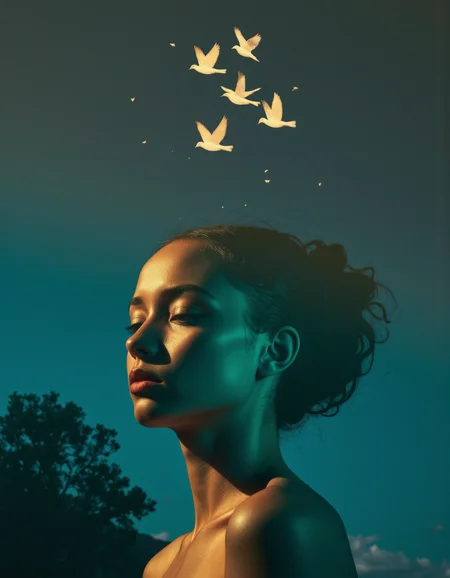 In this serene and surreal scene, the subject takes center stage, their features captured in stunning detail against a backdrop of teal-colored hues. Their natural skin tone radiates warmth and tranquility, contrasting beautifully with the cool tones of the environment. The focus is tight, drawing the viewer's attention to the subject's silhouette in profile, creating a sense of intimacy and depth. Above, small birds dance gracefully against the darkened sky, their movements adding to the surreal calm of the scene. This juxtaposition serves as a powerful visual metaphor, symbolizing the delicate balance between the ethereal and the earthly realms.