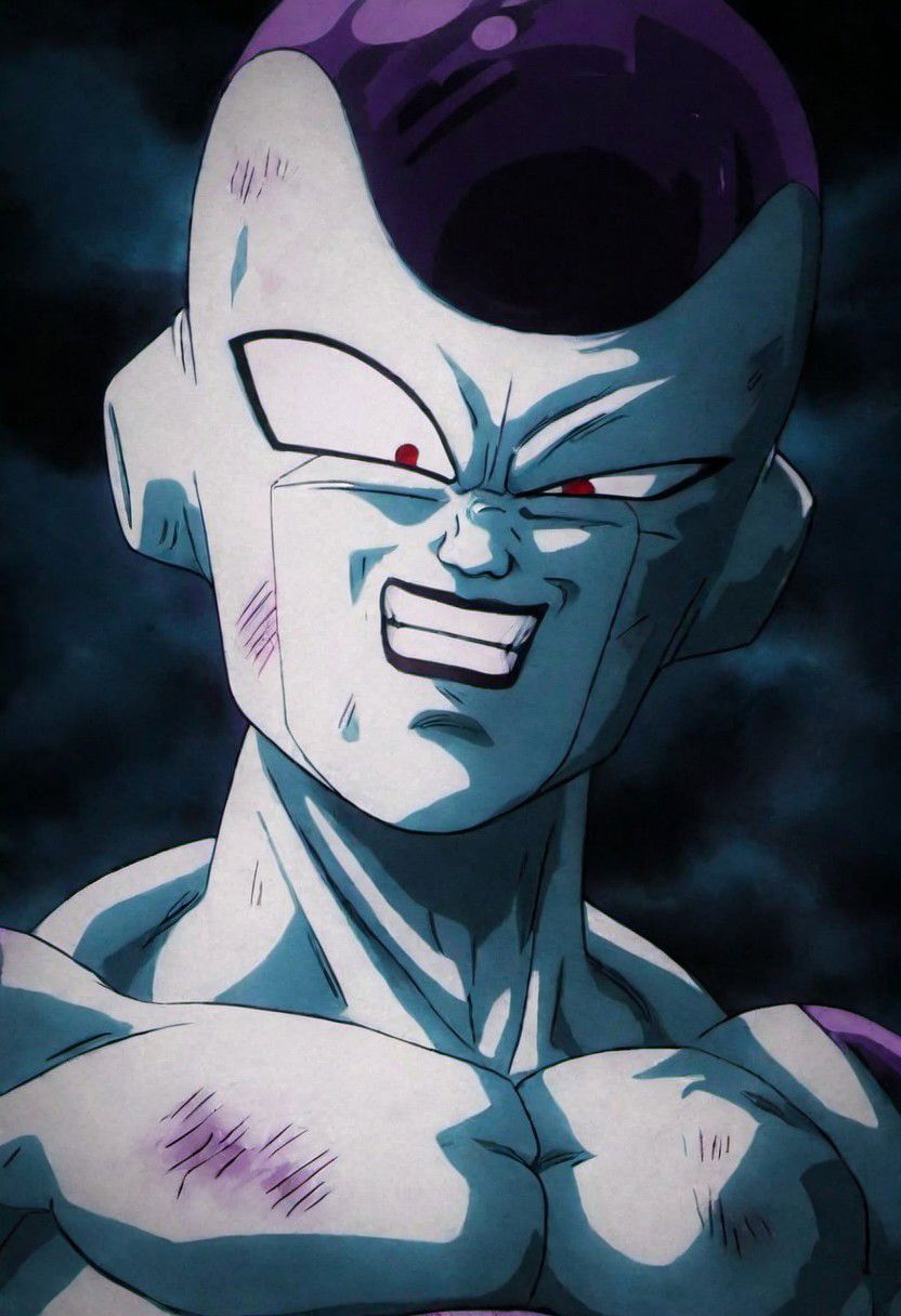 (best quality, masterpiece, detailed, highly detailed face) of a haunting scene with Freezer smile  in a battle . Emphasize atmosphere, high contrast, and interplay of shadow and light, colorful, detailed face perspective from below