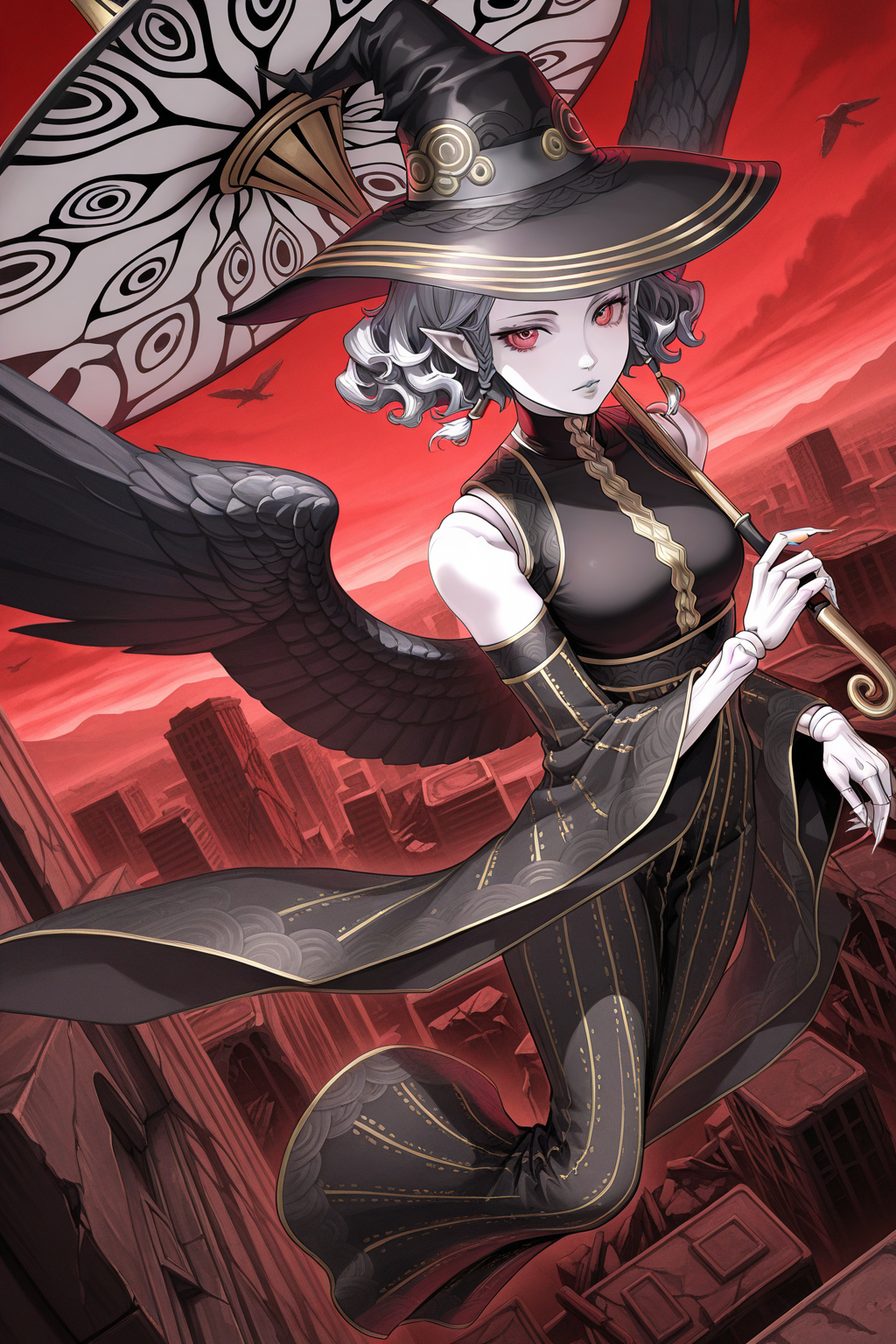 1girl, AgratBatMahlatShinMegamiTensei, 
general, solo, perspective, dutch angle, from above,
short hair, side braids,
beautiful eyes, grey lips, pale skin, pointy ears, joints, doll joints, claws,
witch hat,
black dress, detached sleeves, wide sleeves,
feathered wings,
flying, looking at viewer, holding, umbrella,
tokyo, ruins, red sky, 
<lora:kp_AgratBatMahlatShinMegamiTenseiIllustrious_v1_0:1.0>,
masterpiece, best quality, amazing quality
