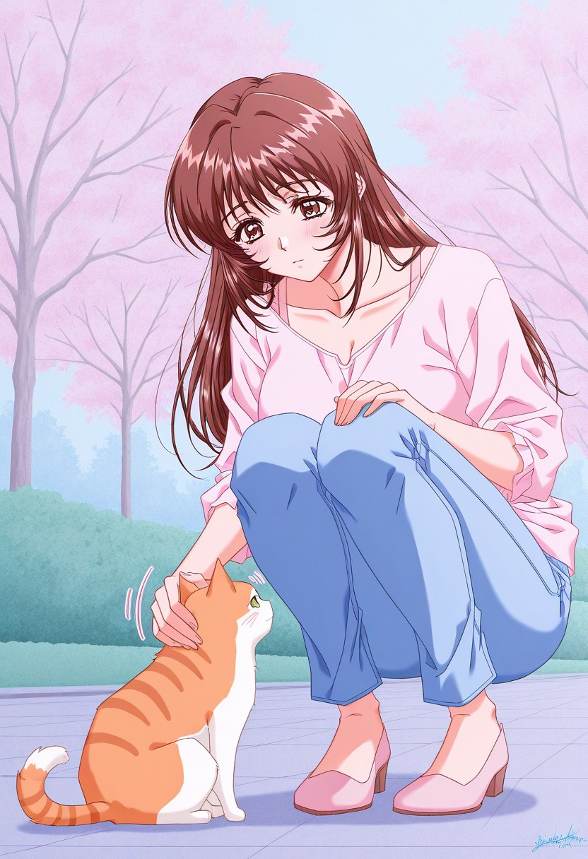 masterpiece, best quality, newest, highres, uncensored, 1girl, yokota mamoru style,1girl, slender face，motion lines,blush
Asaoka Chihiro,Brown Hair, Spiky Bangs, Waist Length Hair,Long Hair,Brown Eyes,Tareme Eyes, Slim,mature female
expressionless, squatting, looking down, petting cat, outdoors, park, masterpiece, best quality, paste colors, pastel theme, kawaii colors, faded，1girl，solo,blue jeans