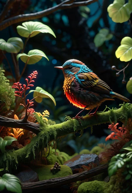 Create an intricate diorama featuring a photorealistic depiction of a single songbird perched on a mossy branch. The bird, with its rich brown feathers, should gaze directly into the camera, creating an endearing expression.
The surrounding foliage adds depth to the scene, with vibrant neon hues and cinematic lighting enhancing the intricate details. Render the image in a holographic digital style, capturing the bioluminescent glow that illuminates the bird and its surroundings.
Ensure the setting includes circular windows with warm light filtering through, giving the impression of a bioluminescent creature. The overall composition should be a true masterpiece, with UHD resolution and studio-quality detail. Pay painstaking attention to every element, making it a standout piece with high detail and incredibly detailed textures.
This stunning, lifelike scene should evoke a sense of wonder and awe, blending the natural beauty of the songbird with the fantastical elements of its bioluminescent environment.