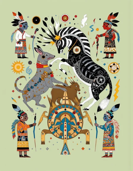 Art by Caroline Smith. A vibrant and colorful illustration featuring a stylized, abstract design with a mix of geometric shapes and patterns. the background is a light green color, and the illustration is centered in the middle of the image. around the central figure, a black and white striped animal with a star-shaped headdress is interacting with a small, brown creature with a long tail. the creature is facing the viewer and appears to be interacting with the creature, while the creature on the left is facing away from the viewer. on either side of the animal, two small, colorful figures with intricate patterns and faces are interacting with each other. the figures are wearing traditional clothing with geometric patterns, and one of them is wearing a headdress with feathers. the creatures are surrounded by various decorative elements, including a sun, a star, and a lightning bolt. the overall style is reminiscent of traditional tribal art, with bold lines and bright colors that bring the scene to life.