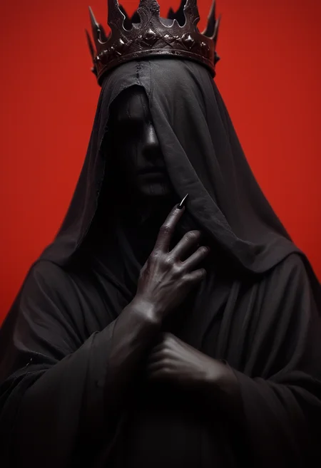 (score_9, score_8_up), score_7_up, 1girl, Highly detailed RAW color Photo, cowboy shot, long sleeves, upper body, hood, wide sleeves, fingernails, 1hand up, black skin, cloak, black claws, hood up, robe, sharp fingernails, covered face, no face, emotionless in black, crown,
dark lighting, dof, depth of field, realistic, red background, simple background, light partials, CINE, fire embers, low-key,
<lora:unholy-000009:0.8> <lora:CINE-000008:0.4> <lora:- SDXL - vanta-black_contrast_V3.0:0.5> <lora:- SDXL - covered_in_stuff_V1.0:0.8> <lora:hand 4:0.5>