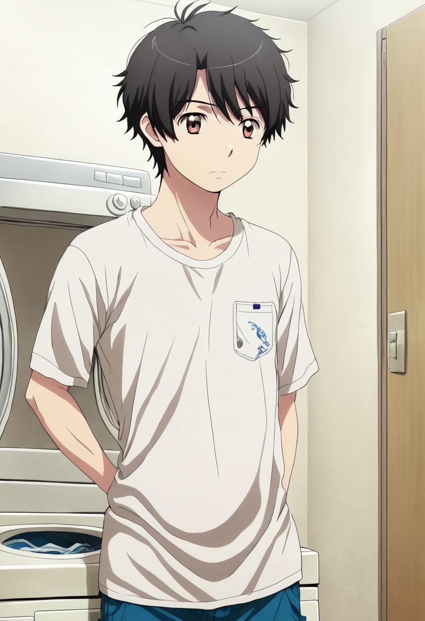 high resolution, solo, best quality, 1Boy, Inaho Kaizuka, Black hair, Brown Eyes, Laundry day, washing machine, folding clothes
