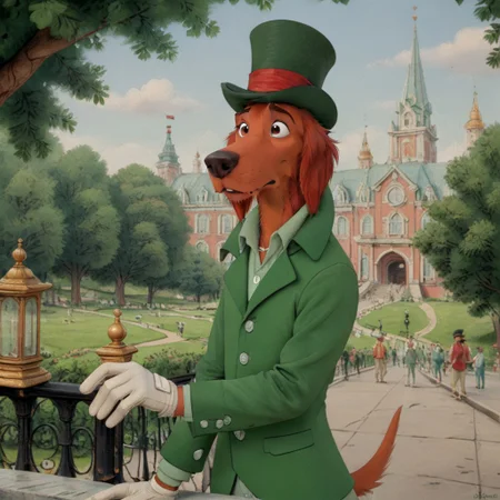 score_9, score_8_up, score_7_up, score_6_up, score_5_up, score_4_up, detailed fur, detailed face, city park background, masterpiece, furry male, front facing
BREAK
Shamus, dog, Irish Setter, anthropomorphic dog, cartoon dog, animal ears, long ears, floppy ears, red ears, orange fur, black eyes, brown nose, long snout, green suit, white gloves, dark green top hat, Disney,