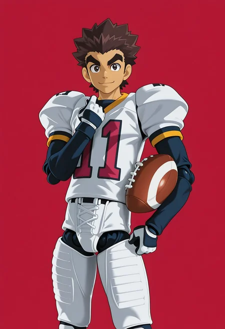 figma, figure anime style, PVC, male, High Quality, perfect anatomy, HD, anime style, break
TAROU RAIMON, 1boy, solo, alone, brown hair, thick eyebrows, dark brown eyes, athletic build, smiling, posing, looking at viewer, football uniform, tight uniform, red and white uniform,
