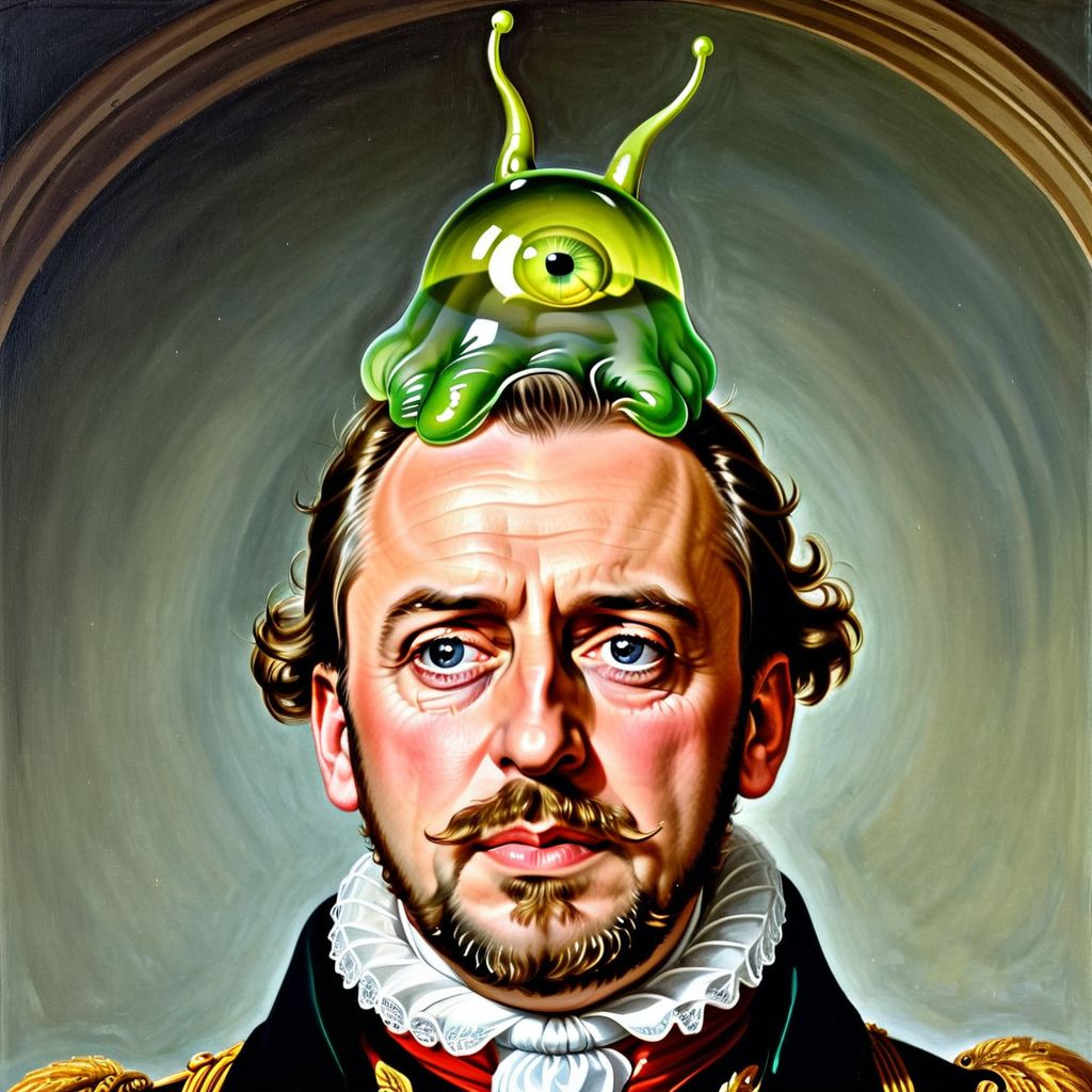 Flat 2D Art, , King Henry IV of France   ,  dumbfounded,
person wearing jelly green  (brainslug alien hat:1.2) on head, candid pose,   (cross-eyed:1.5), round iris, pleading face, perfect eyes,
Space shuttle launch pad , 
 <lora:BrainSlug_Alien_Hat_XL_V2.2:0.9>, simple flat color, 2-dimensional, Flat 2D Art Style