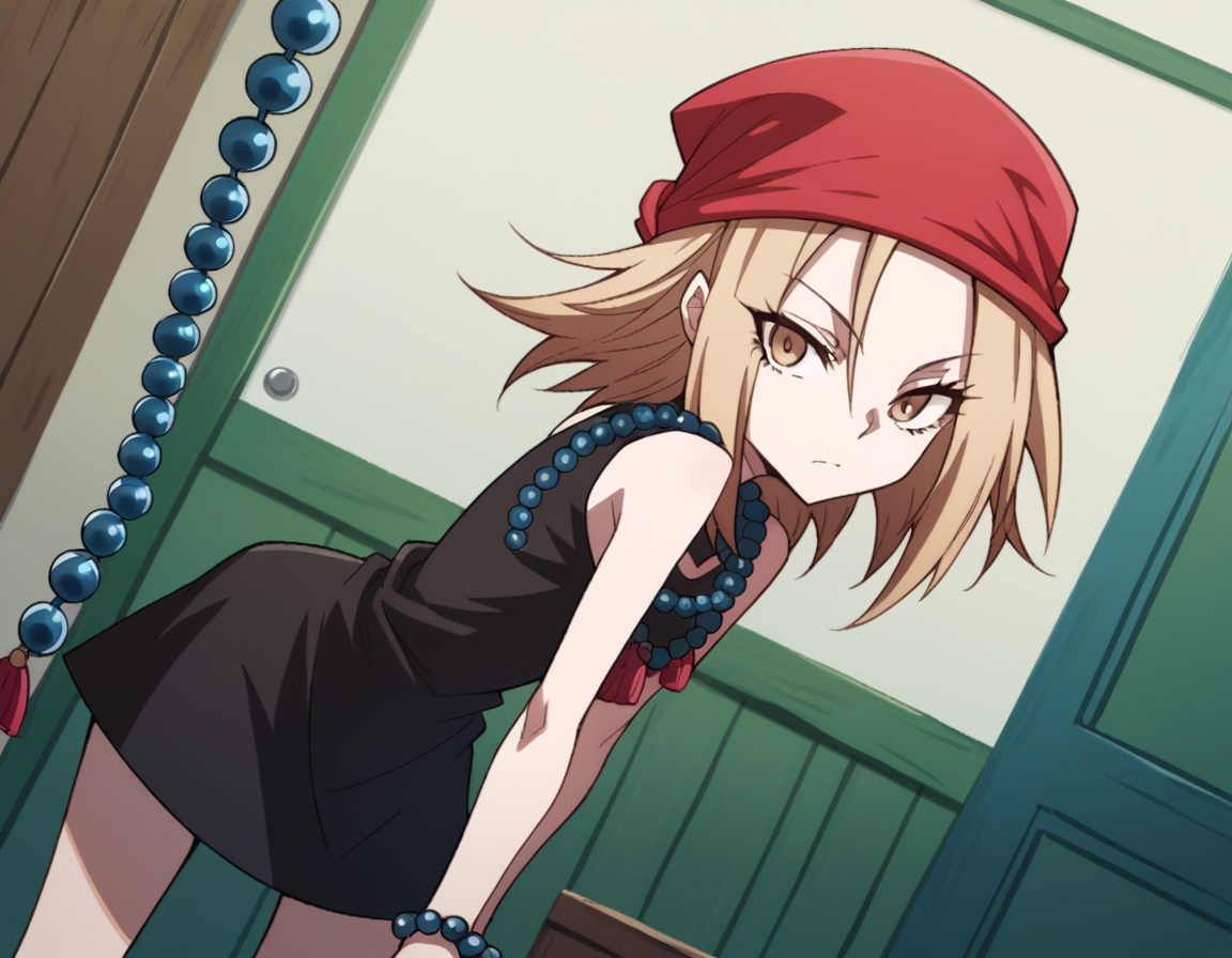 score_9, score_8_up, score_7_up, source_anime,
annakyouyama, <lora:anna-kyouyama-2021-s1-ponyxl-lora-nochekaiser:1>,
anna kyouyama, blonde hair, short hair, brown eyes,
bandana, beads, black dress, dress, prayer beads,
indoors, bent over,
looking at viewer, cowboy shot, solo, dutch angle