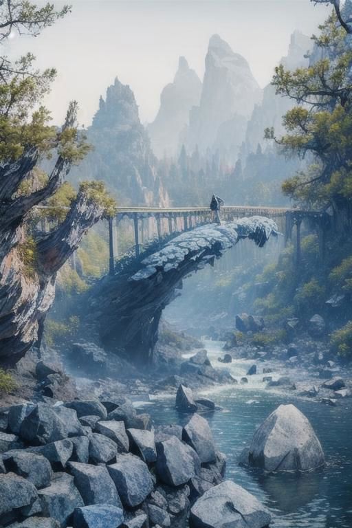 (Realistic:1.5) EdobLandscapeAlpha , outdoors, thorns, signature, blue theme, evening, alien, bridge, solo, rock, forest, <lora:EdobLandscapeAlpha_v1.0:0.8>