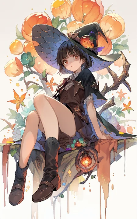 score_9,score_8_up,score_7_up,score_6_up,score_5_up,score_4_up,source_anime,1girl,sitting,<lora:Dsmile_style_pony:1>,Dsmile_style,witch,colorful
