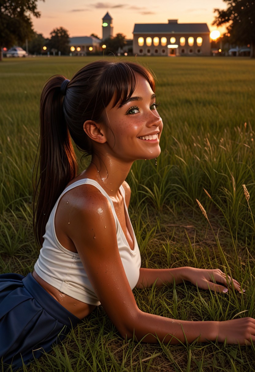 score_9, score_8_up, score_7_up, ((evening)), (side view), ((near open school entrance)), grass field, (hang-mat), (posts), public school building, (relaxing:1.3), outdoors, 1girl, college athlete, student girl, happy, smile, blush, ((tan skin, freckles, sweaty)), bangs, ponytail, (green eyes, dark red hair), (spread legs), cute face, pretty girl, intricate details, large breasts, (expose breasts), blue skirt, sexy woman, slim and fit, looking at viewer, detailed cute face, shoulder-long hair, face focus, solo:1.3, 2000s nostalgia