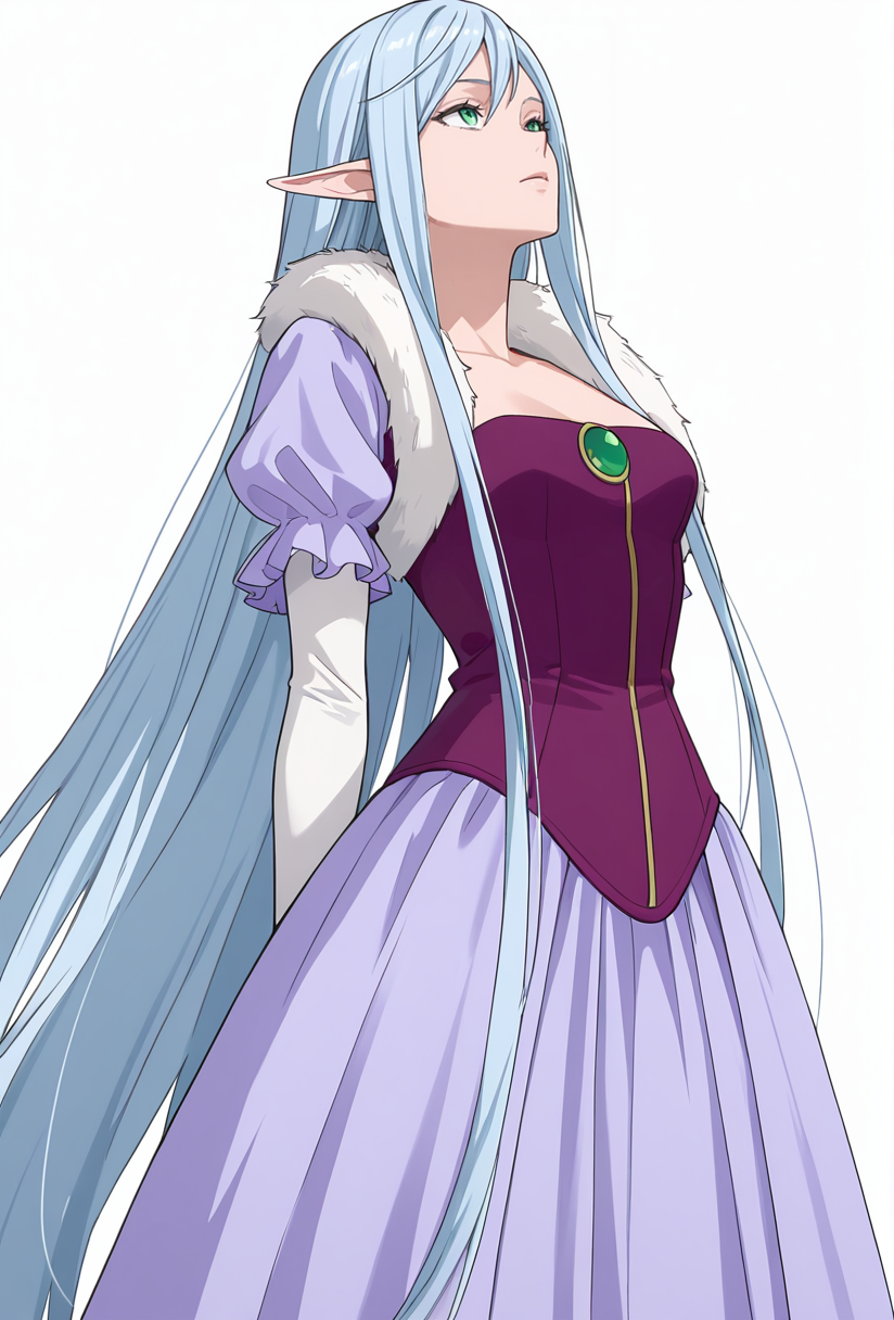Smooth Quality,masterpiece,very intricate, high quality details, ultra realistic, high detailed skin,detailed enviorement,absurdres,
simple background, white background, 
,crazy,standing, arms behind back, looking up, calm expression, relaxed posture,  ,
 <lora:El-Ru_Sarion_Elmesia_cnn:0.8>elmesiacnn,1girl, green eyes, pointy ears, blue hair, very long hair,
purple dress,white gloves, elbow gloves,fur trim,