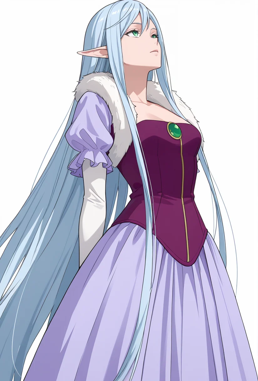 Smooth Quality,masterpiece,very intricate, high quality details, ultra realistic, high detailed skin,detailed enviorement,absurdres,
simple background, white background,
,crazy,standing, arms behind back, looking up, calm expression, relaxed posture, ,
<lora:El-Ru_Sarion_Elmesia_cnn:0.8>elmesiacnn,1girl, green eyes, pointy ears, blue hair, very long hair,
purple dress,white gloves, elbow gloves,fur trim,