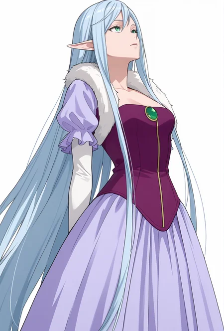 Smooth Quality,masterpiece,very intricate, high quality details, ultra realistic, high detailed skin,detailed enviorement,absurdres,
simple background, white background, 
,crazy,standing, arms behind back, looking up, calm expression, relaxed posture,  ,
 <lora:El-Ru_Sarion_Elmesia_cnn:0.8>elmesiacnn,1girl, green eyes, pointy ears, blue hair, very long hair,
purple dress,white gloves, elbow gloves,fur trim,