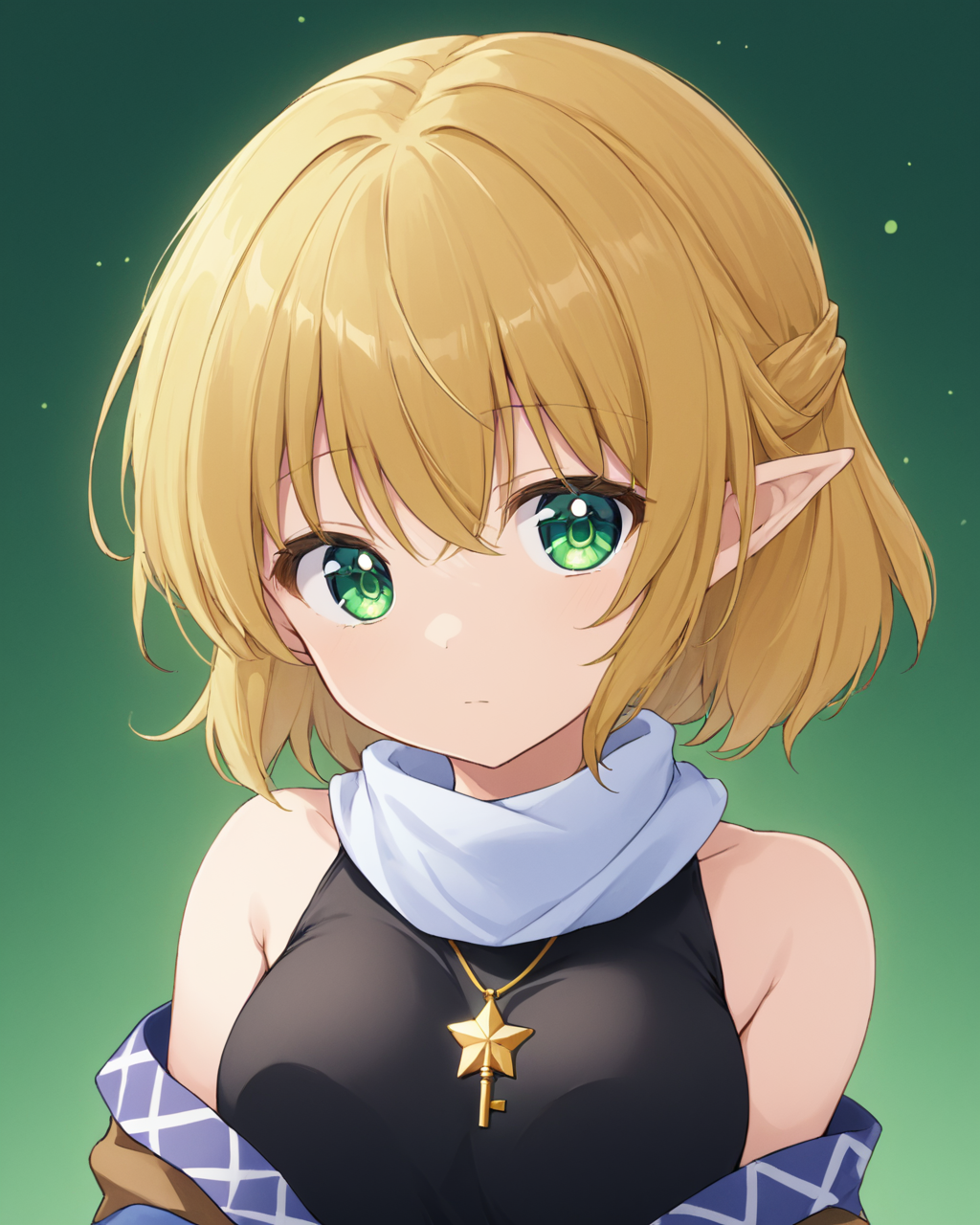 mizuhashi parsee,1girl, solo, white_scarf, simple_background, upper_body, closed_mouth, cropped_torso, bare_shoulders, green_background, black_shirt, looking_at_viewer, off_shoulder, undershirt
<lora:mizuhashi_parsee_image5693_2023-12-17-000005:1>,star-shaped_pupils,symbol-shaped_pupils,. gorgeous,key visual, vibrant, studio anime,award-winning, professional, highly detailed,high budget, cinemascope