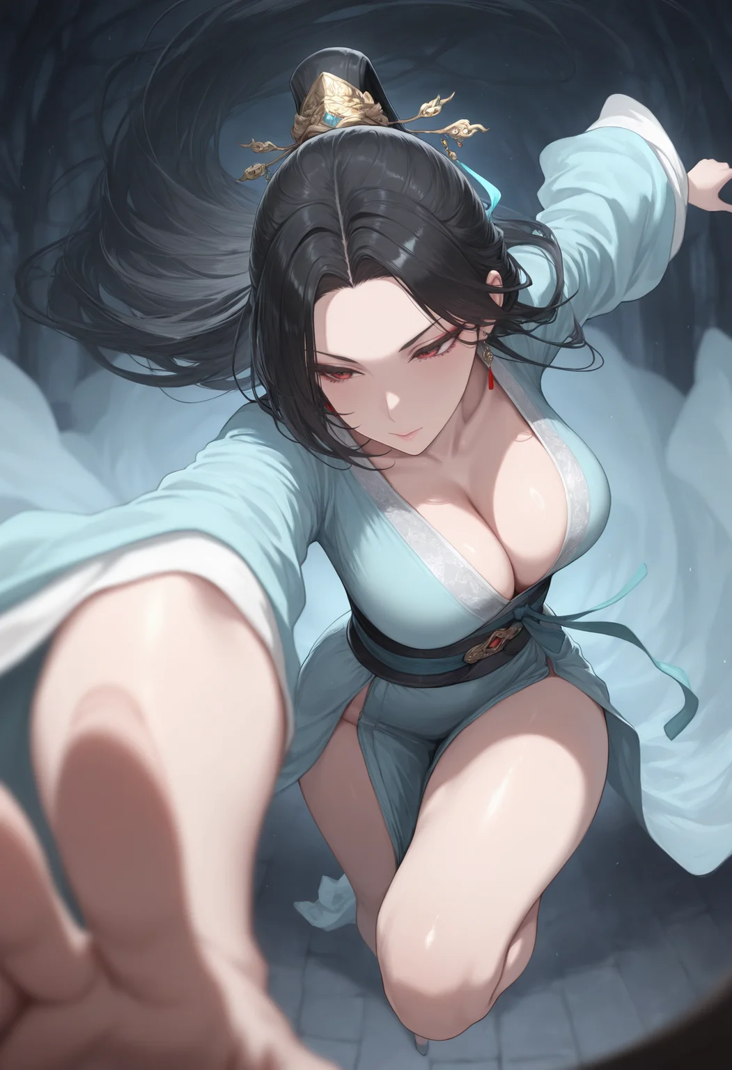 bare legs,jewelry,long bangs,red eyes,earrings,1girl,solo,long hair,black hair,hanfu,forehead,long bangs,dynamic pose,foreshortening,extreme perspective,
masterpiece, best quality, amazing quality, very awa,absurdres,newest,very aesthetic,depth of field, highres,