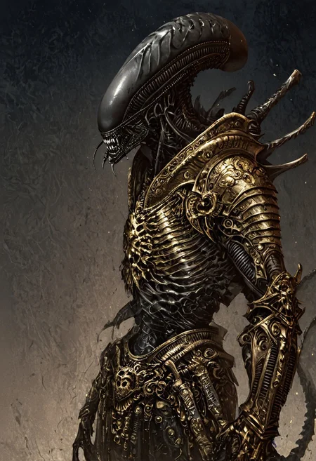 score_9, score_8_up, score_7_up, score_6_up, score_5_up, score_4_up,<lora:Fant5yP0ny:0.8>, xenomorphic creature from Lords of the Fallen, black templar armor, gold sword of Pieta, solo, gold eyes, blood on face, art by hr giger, ornamental armor, bronze cuirass