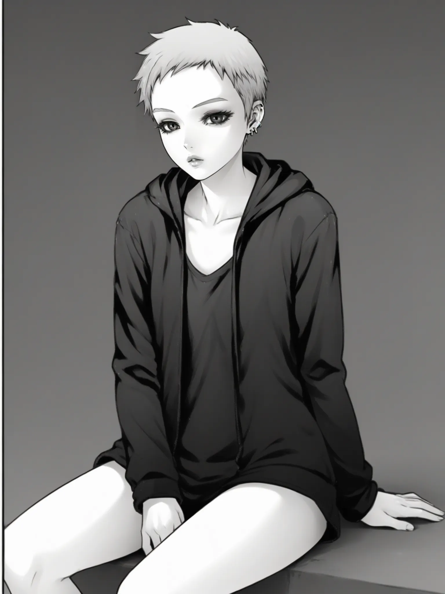 uncensored, score 9 up, score 8 up,
 <lora:futari_switch_Manga_Character_1_PonyXL:1>,[futari_switch]_manga_character_1, monochrome, greyscale, hoodie, sitting, very short hair, jacket, eyelashes, parted lips, earrings, jewelry, tomboy, 1girl, standing, looking at viewer,
