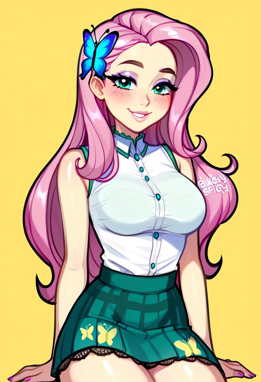 score_9, score_8_up, score_7_up, score_6_up, score_5_up, score_4_up, source_cartoon, <lora:confetti-extract- ponyxl:0.85>, detailed eyes, easynegative, rating_explicit, Expressiveh, 1girl, solo, blush, lips
fluttershy, long hair, Big breasts, looking at viewer, blush, hair ornament, pink hair, thighs, aqua eyes, eyelashes, butterfly hair ornament, yellow skin, eyeshadow, butterfly, colored skin, purple eyeshadow, smiling at viewer, shirt, skirt, white shirt, sleeveless, sleeveless shirt, bare shoulders, plain shirt, green skirt, butterfly print lace-trimmed skirt, miniskirt, bare arms,