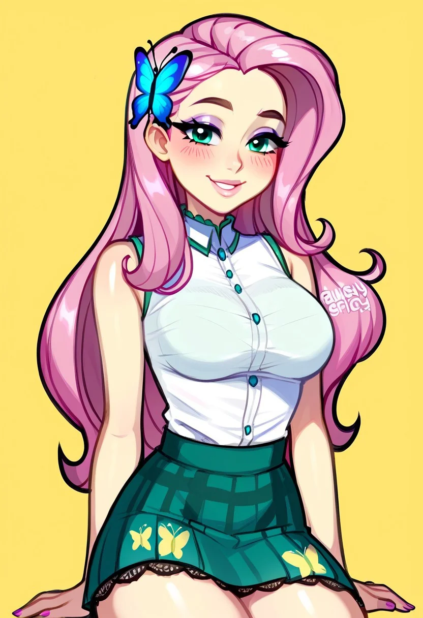 score_9, score_8_up, score_7_up, score_6_up, score_5_up, score_4_up, source_cartoon, <lora:confetti-extract- ponyxl:0.85>, detailed eyes, easynegative, rating_explicit, Expressiveh, 1girl, solo, blush, lips
fluttershy, long hair, Big breasts, looking at viewer, blush, hair ornament, pink hair, thighs, aqua eyes, eyelashes, butterfly hair ornament, yellow skin, eyeshadow, butterfly, colored skin, purple eyeshadow, smiling at viewer, shirt, skirt, white shirt, sleeveless, sleeveless shirt, bare shoulders, plain shirt, green skirt, butterfly print lace-trimmed skirt, miniskirt, bare arms,