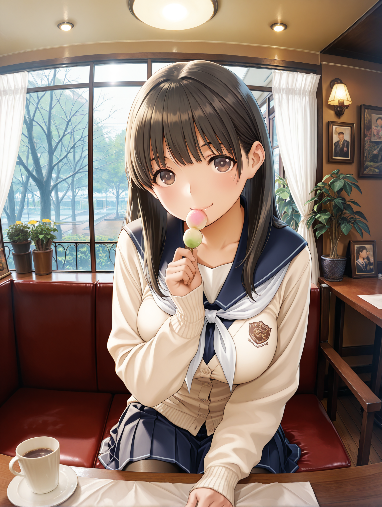masterpiece,best quality,amazing quality,
1boy,solo,
<lora:anegasaki_nene_ilxl_v1:1>,nene,black hair,long hair,brown eyes,big breasts,
n_c_clothes,milky white cardigan,neckerchief,pleated skirt,black_pantyhose,loafers,
<lora:Fixhands_anime_bdsqlsz_V1:1>,lens_flare,fisheye,smile,<lora:kissaten:1>,kissaten,japanese cafe,sitting,indoors,window,chair,table,lamp,painting \(object\),plant,couch,wooden floor,potted plant,lamp,curtains,vase,flower,tree,cup,reflection,ceiling light,shelf,tablecloth,dango,eat,portrait,front view,pov,