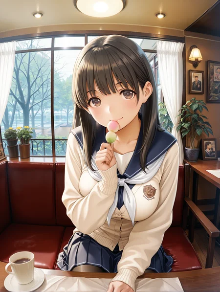 masterpiece,best quality,amazing quality,
1boy,solo,
<lora:anegasaki_nene_ilxl_v1:1>,nene,black hair,long hair,brown eyes,big breasts,
n_c_clothes,milky white cardigan,neckerchief,pleated skirt,black_pantyhose,loafers,
<lora:Fixhands_anime_bdsqlsz_V1:1>,lens_flare,fisheye,smile,<lora:kissaten:1>,kissaten,japanese cafe,sitting,indoors,window,chair,table,lamp,painting \(object\),plant,couch,wooden floor,potted plant,lamp,curtains,vase,flower,tree,cup,reflection,ceiling light,shelf,tablecloth,dango,eat,portrait,front view,pov,