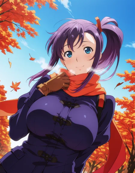 <lora:Haruko_Amaya_v01:1> harukoamaya, blue eyes, purple hair, side ponytail, large breasts,
dutch angle, depth of field, HDR, 8K.
masterpiece,best quality,amazing quality, highest score, head tilt, happy, autumn, blue sky, scarf, wind, autumn leaves, gloves, cold,
