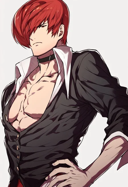 source_anime, <lora:zs_FEGBAPortraitsXL:1> <lora:zs_FatesPortraitsXL:1> fatesportraits, portraits, white background, solo, male focus, 1boy, Iori Yagami, kof, red hair, bangs, red eyes, stern expression, choker, red pants, black shirt, white undershirt, black sleeves, hand on hip, verybadimagenegative_v1.3, score_9, score_8_up, score_8, single view, flat color,
