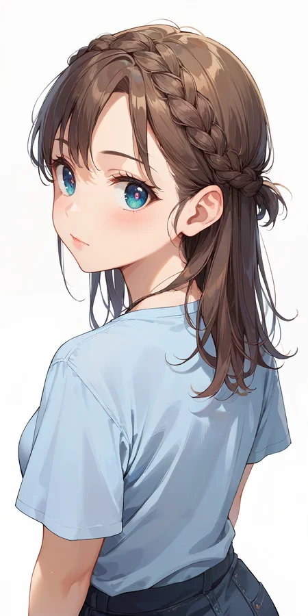 score_9, score_8_up, score_7_up,source_anime, high res image,masterpiece,best quality,girl,cute face,clear skin,shiny hair,ultra detailed eyes,simple background, <lora:half up braid_pony_V1.0:1> half up braid,from behind