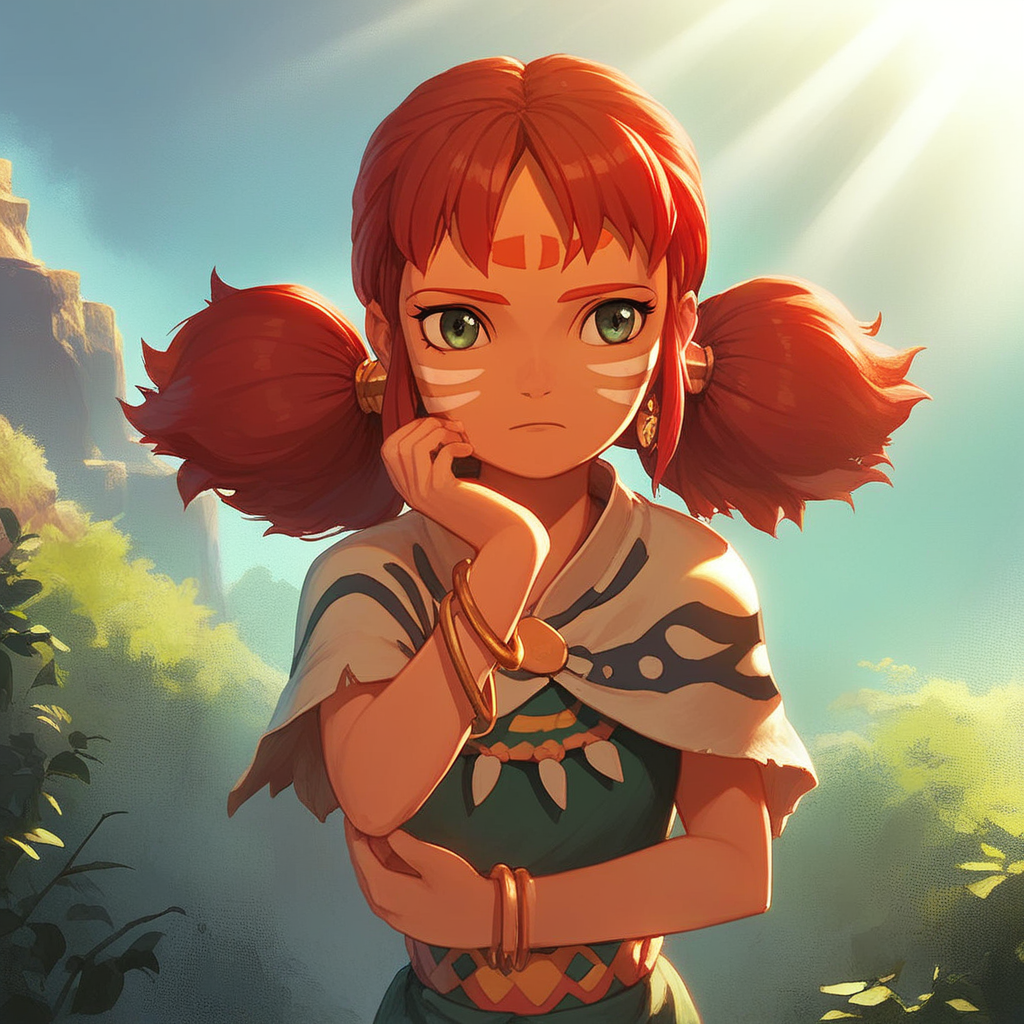 score_9, solo, tani, red hair, twintails, face paint, earrings, bracelet, outdoors, sunlight, natural lighting