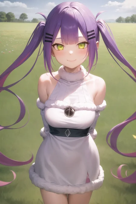 masterpiece,highres,best quality,tokoyami towa,fur-trimmed dress,fur trim,long hair,grass,field,medium breasts,white dress,twintails,purple hair,smile,closed mouth,cape