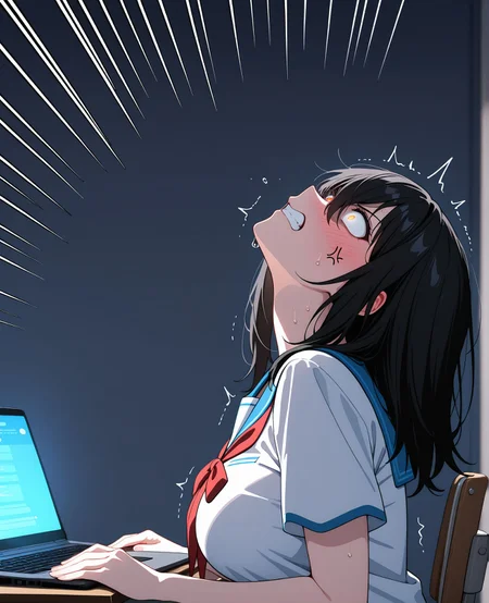 masterpiece,best quality,amazing quality,very aesthetic,absurdres,newest, huge filesize,
<lora:spo_sdxl_10ep_4k-data_lora_webui:0.5>,<lora:add-detail-xl:1>. flat color, anime screenshot,  volumetric lighting, depth of field,
 sweat, head back, wide eyed, constricted pupils, glowing eyes, clenched teeth, anger vein, upper body, desk, sitting on chair, looking at laptop, emphasis lines, simple background, darkroom, shaded face, from side, zmgwshnmspfd, laptop, angry, trembling,
BREAK
 blushing, yukina,serafuku, sexy, large breasts, 
<lora:illustrious_XL_yukina:0.9>