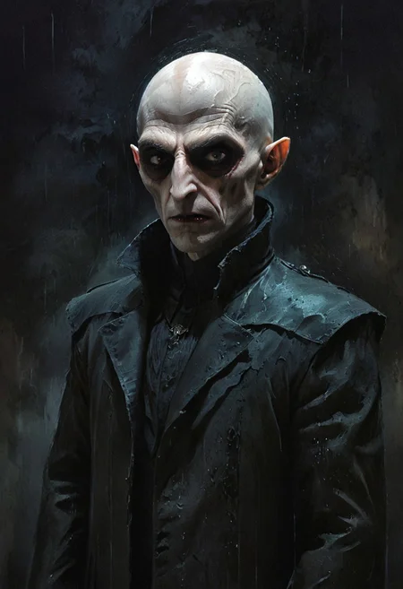 detailxl, high quality, artistic-strokes-style,
(dark artistic blank background:1.3)
(half body shot, looking at viewer, angry, dark:1.4),
(digital-painting, Portrait of vampire lord nosferatu, rain:1.8),
(detective cop in jacket in a castle at night)