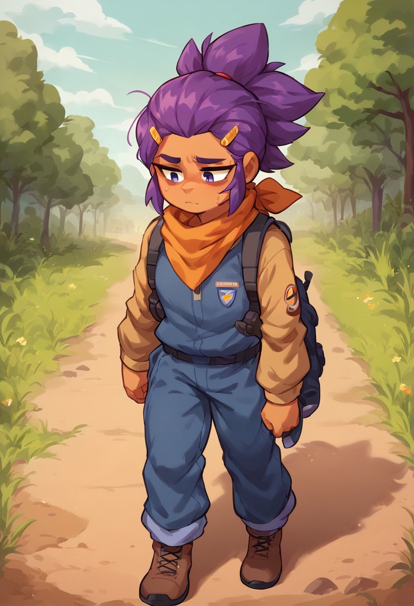 score_8_up, score_7_up, score_6_up, score_5_up, masterpiece, best quality, highly detailed, cute, bsshelly, purple hair, tan-skinned female, dusty face, tired, pilot goggles, ponytail, hairclip, neck scarf, baggy pants, hiking suit, walking on road, dynamic angle, ruined city, postapocalyptic background