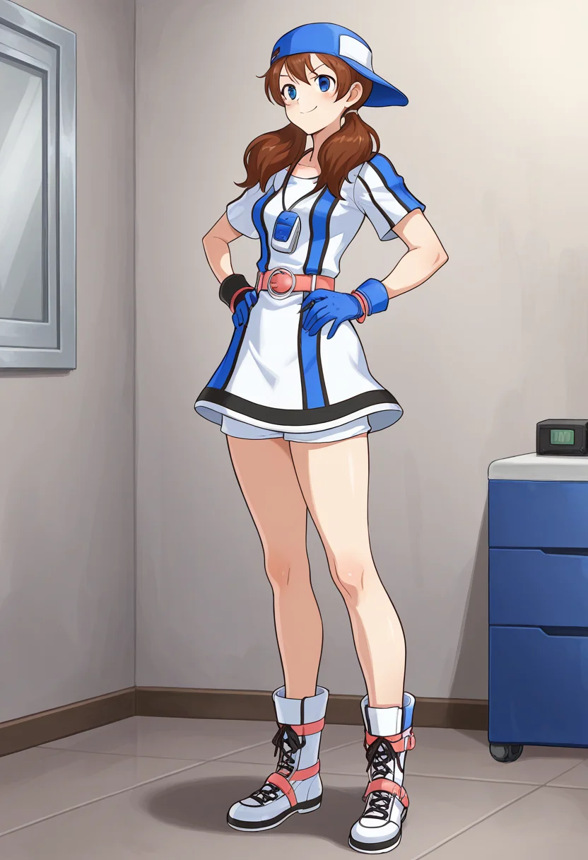 masterpiece, best quality, ultra-detailed, absurdres, newest, 1girl, solo, aingbc, brown hair, long hair, low twintails, blue eyes, baseball cap, multicolored dress, neo geo pocket color necklace, gloves, belt, white shorts under dress, white boots, standing, full body, indoors, smile, hands on hips, smug