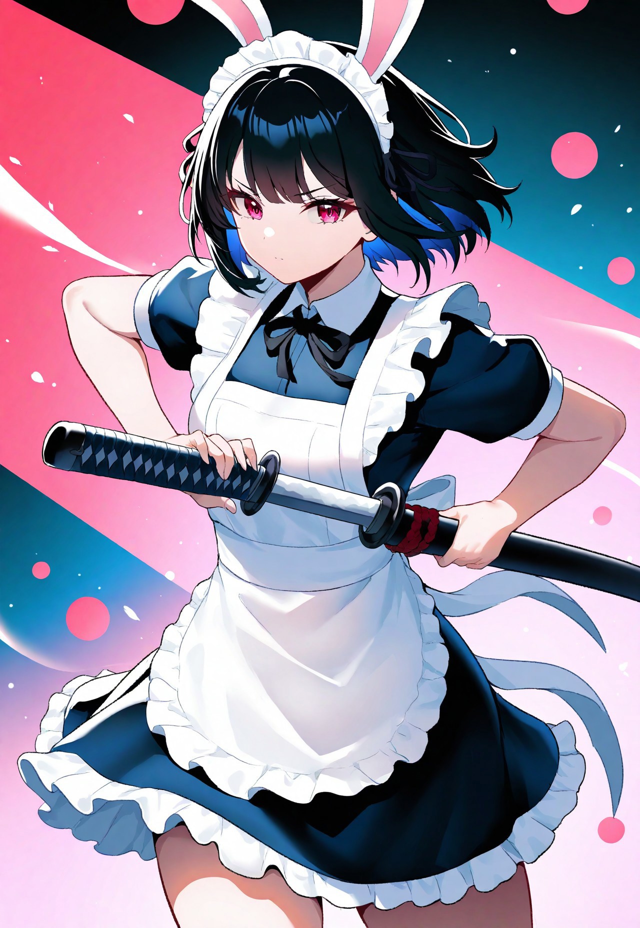 masterpiece, best quality, newest, absurdres, highres, 1girl, black hair, maid outfit, bunny ears, red and pink hues, cute-chibi elements, pink, katana, iaidou,weapon, katana, holding sword, ready to draw, sheathed, unsheathing, scabbard, determined expression, black ribbon, short hair, absurd, wind, particles, cowboy shot, abstract background, shapes, dreamy, failling petals, cherry trees,