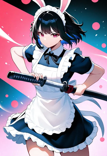masterpiece, best quality, newest, absurdres, highres, 1girl, black hair, maid outfit, bunny ears, red and pink hues, cute-chibi elements, pink, katana, iaidou,weapon, katana, holding sword, ready to draw, sheathed, unsheathing, scabbard, determined expression, black ribbon, short hair, absurd, wind, particles, cowboy shot, abstract background, shapes, dreamy, failling petals, cherry trees,