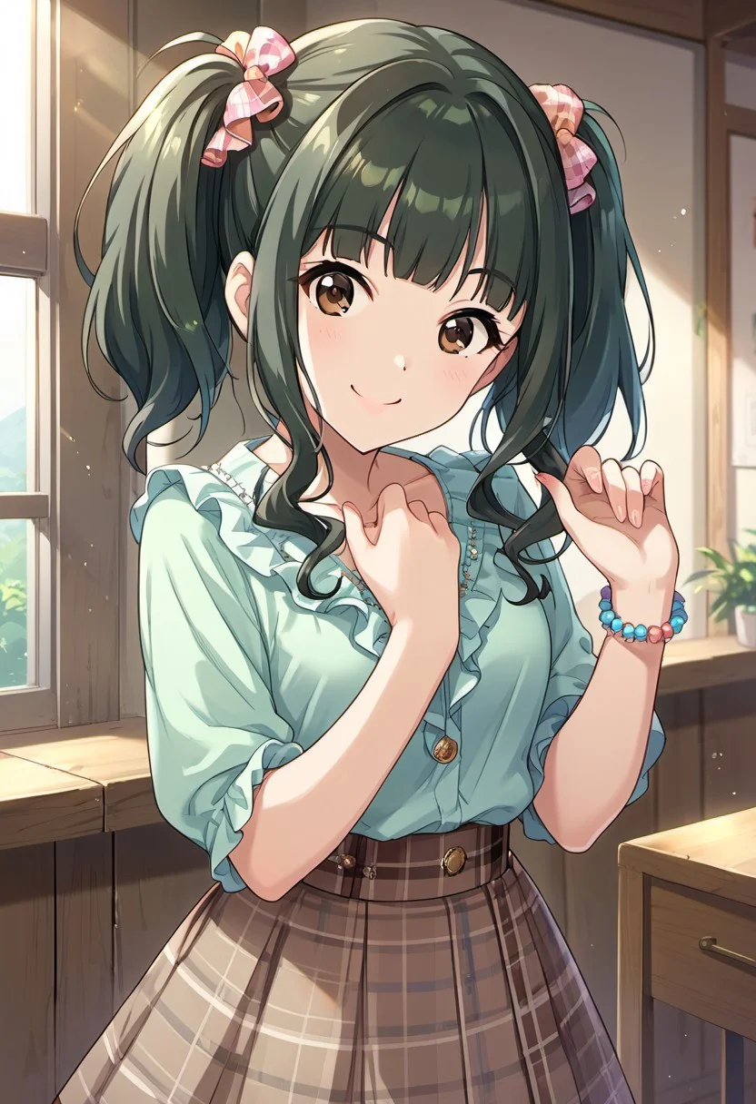score_9, score_8_up, score_7_up, source_anime,fujii tomo, brown eyes, dark green hair, 1girl, solo, twintails, smile, looking at viewer, bracelet, jewelry, skirt, bow, plaid, bead bracelet