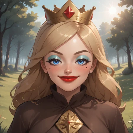score_9, score_8, BREAK, solo, wii, mii, wii sports, 1girl, female mii, blonde hair, long hair, crown, blue eyes, makeup, blue eyeshadow, blush, mole under eye, red lips, lipstick, brown eyebrows, brown long dress, silver high heels, big breasts, nintendo mii, modern_mii, classic_mii, Empress_Alisha_(OC_Mii), cute, attractive, sexy pose, self portrait, smile, outdoors, sunlight, shadows, evening lighting, natural lighting, forest, trees, grass, orange sky, sunset