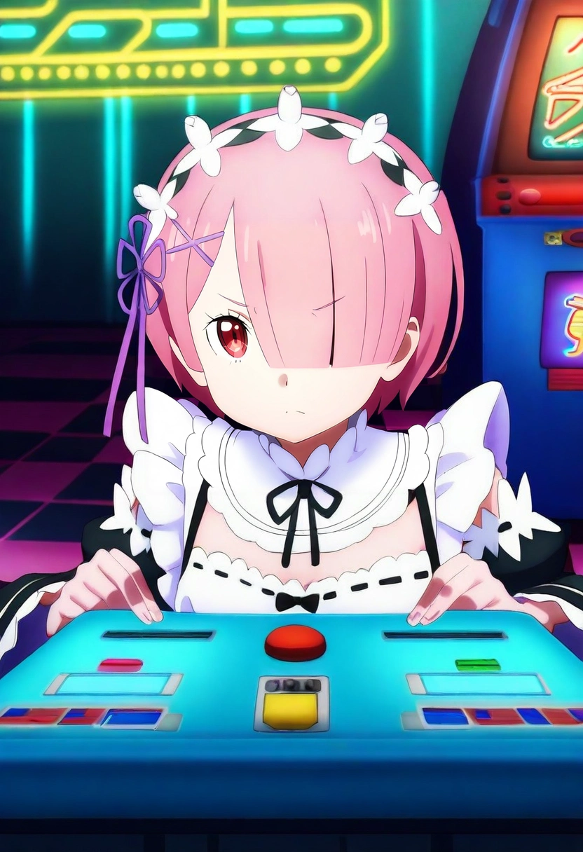 masterpiece, best quality, , , looking at viewer, , 1girl, ram \(re:zero\), pink hair, red eyes, maid headdress, solo, retro arcade, neon lights, game cabinets, checkered floor, playing games, competitive expression, night, <lora:sao_alicization_style_ilxl:0.96>, sao_alicization_style,