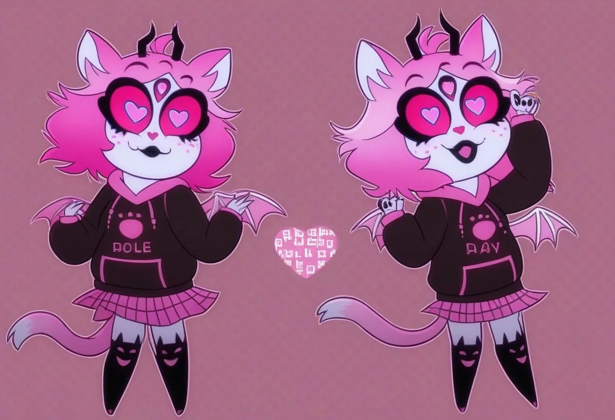 heart floating, heart-shaped pupils, aroused, heart eyes, cupid arrow, Valentine's day themed, emberlynn pinkle hellcat, black eyeliner, black lipstick, pink hair, black nails, black lips, freckles, eyeshadow, petite, short hair, black hoodie, pink hood, hood down, pink skirt, pleated skirt, plaid skirt, miniskirt, over-kneehighs, black socks, animal ear legwear, cat ear legwear, eyelashes