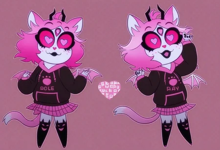 heart floating, heart-shaped pupils, aroused, heart eyes, cupid arrow, Valentine's day themed, emberlynn pinkle hellcat, black eyeliner, black lipstick, pink hair, black nails, black lips, freckles, eyeshadow, petite, short hair, black hoodie, pink hood, hood down, pink skirt, pleated skirt, plaid skirt, miniskirt, over-kneehighs, black socks, animal ear legwear, cat ear legwear, eyelashes