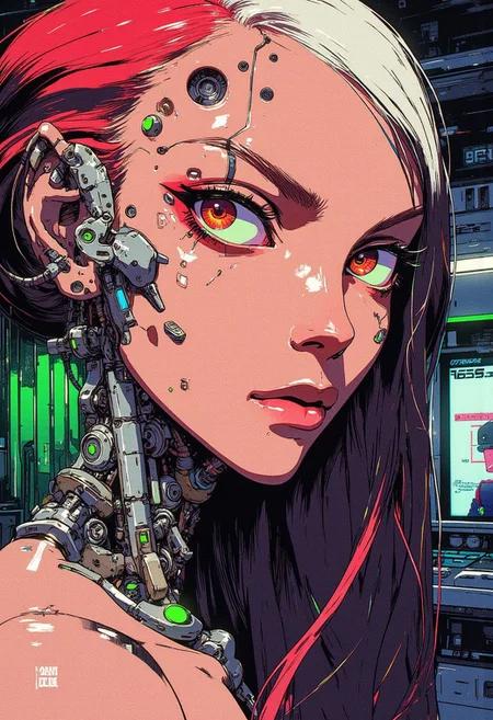 <lora:ck-Goro-Fujita:1>, digital artwork in the style of ckgf, A mesmerizing close-up portrait of an alien woman, her striking features blending extraterrestrial elegance with subtle mechanical elements. Her skin has a smooth, otherworldly texture, adorned with small, organic patterns. Her long, wavy hair cascades around her face, but in the Virtualboy-style palette of red, white, and black. Mechanical elements are seamlessly integrated into her face and neck—sharp, angular pieces emerge like delicate circuitry. The chiaroscuro-inspired lighting brings deep contrast, with bold shadows enhancing her alien beauty. The background features a cyberpunk workshop, and the limited palette emphasize the alien and mechanical features, while a soft green glow outlines parts of her face and hair, creating a futuristic yet nostalgic visual reminiscent of early handheld gaming
<lora:ck-nc-pastel-cyberpunk:0.3>
<lora:ck-MetalGearSolid:0.25>
<lora:RetroAnimeFluxV1:0.25>